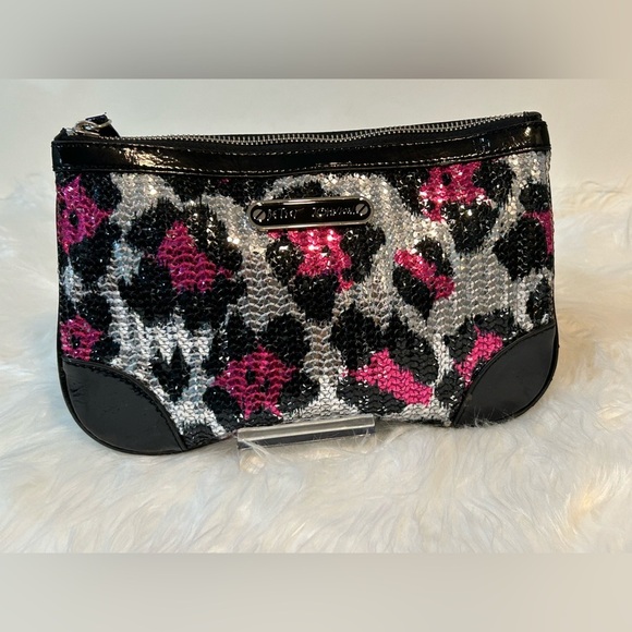 Betsey Johnson Sequin Clutch Black Pink Silver Zip Pouch Evening Bag - Picture 10 of 10